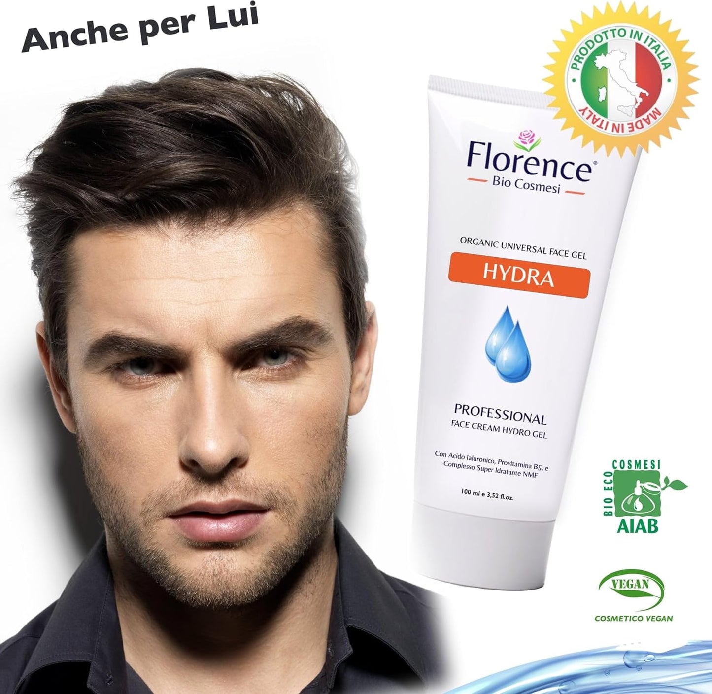 Face Gel Cream with Anti-Wrinkle Ingredients, Hyaluronic Acid and Niacinamide. Moisturizing Women and Men, Hydra Florence Organic Face for Bright, Revitalized and Smoothed Skin Light Texture, 100 ml